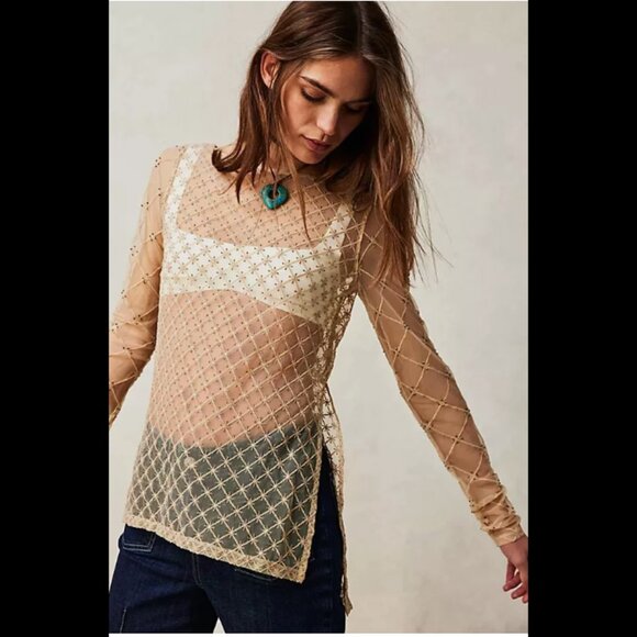 Free People Cross My Heart Tunic Top Barnacle Mauve Sheer Embellished S 257025 - Picture 1 of 9